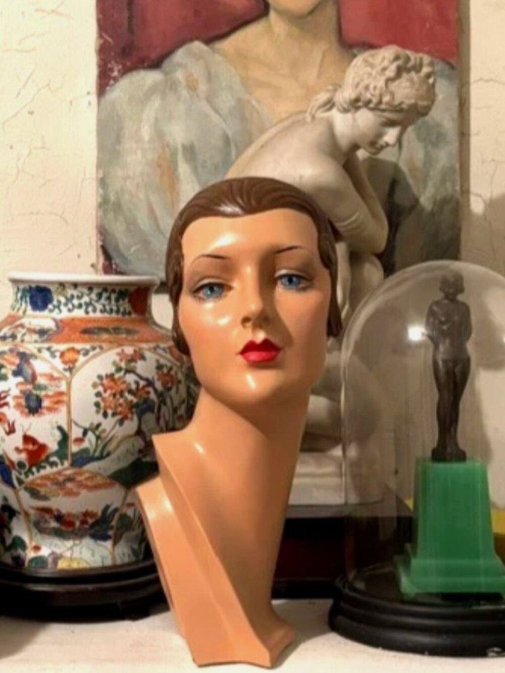 Vintage Female Deco Eyes Millinery Mannequin Head Bust Hat Store Display Stand